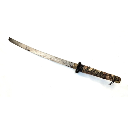 225 - Antique Japanese Samurai Sword (Katana) with Leather Saya (Scabbard) Brass Tsuba and Steel Blade wit... 