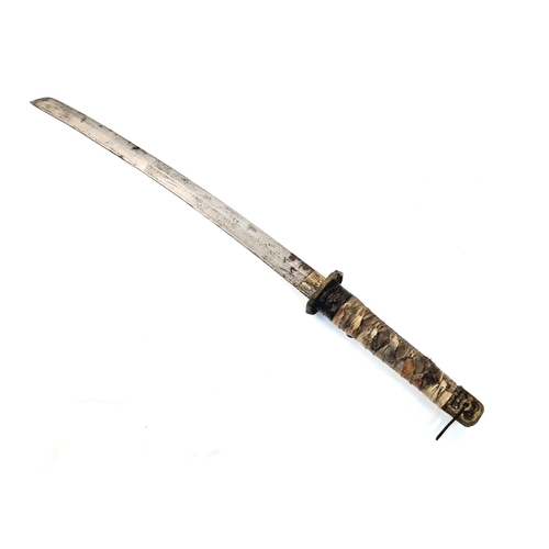 225 - Antique Japanese Samurai Sword (Katana) with Leather Saya (Scabbard) Brass Tsuba and Steel Blade wit... 