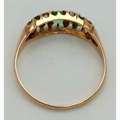 262 - An 18 K yellow gold ring with three round cut emeralds (0.50 carats) and old cut diamonds (0.12 cara... 