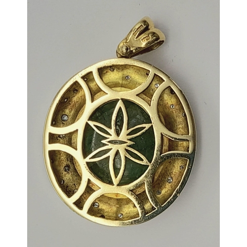 386 - A Bespoke Made 18 Carat Yellow Gold Hand Carved Emerald and Diamond Pendant. 28 x 1-2 Point Diamonds... 