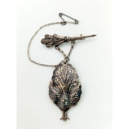 716 - A Rare Antique Fine Silver Articulating Peacock Pendant Brooch with Safety Chain 5cm Length