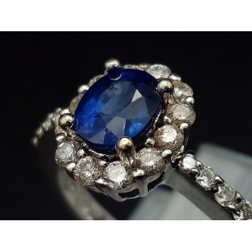 1277 - An 18K white gold ring with a beautiful, natural, oval cut, blue sapphire, surrounded by a halo of d... 