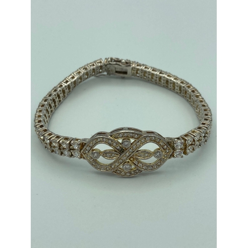 91 - Stunning Vintage hallmarked gem set SILVER BRACELET with twin lines of sparkling clear zirconia, and... 