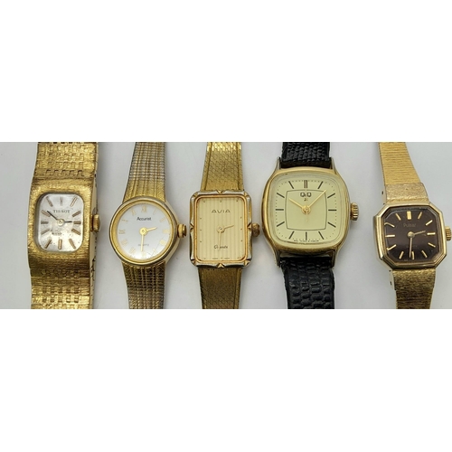 1045 - A group of five ladies watches: A TISSOT with manual movement in original presentation case, AND a Q... 