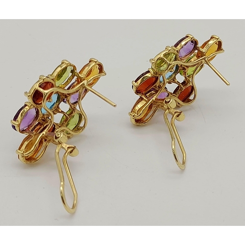 299 - A glorious, 18K yellow gold, multi-gem (citrine, amethyst, garnet, peridot & aquamarine) pair of ear... 