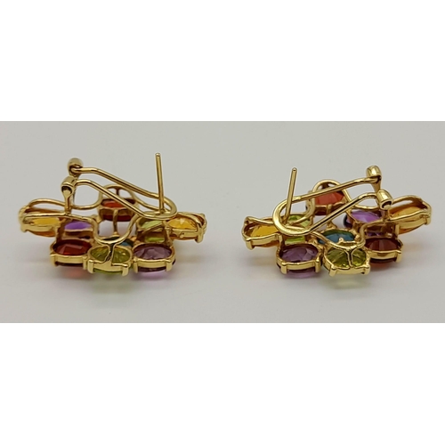 299 - A glorious, 18K yellow gold, multi-gem (citrine, amethyst, garnet, peridot & aquamarine) pair of ear... 