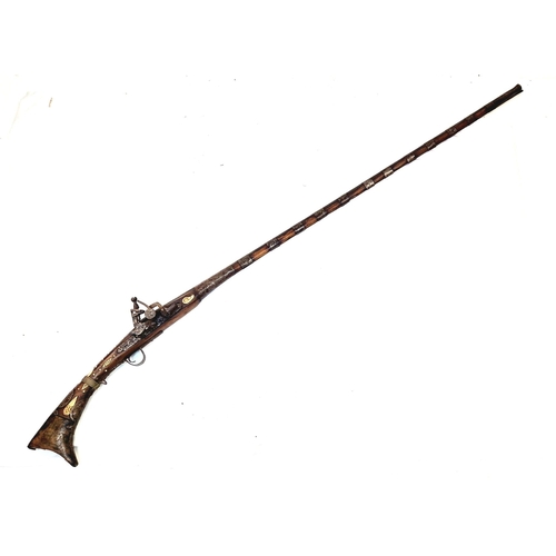 372 - An Antique Flint Lock Bone Inlaid Jazail Rifle, (Most Likely Afghan). 163cm Long. Action working but... 