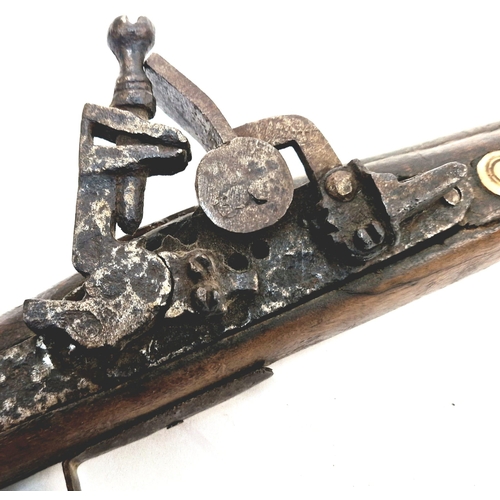 372 - An Antique Flint Lock Bone Inlaid Jazail Rifle, (Most Likely Afghan). 163cm Long. Action working but... 