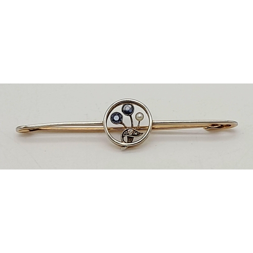 1379 - 14K 2 COLOUR DIAMOND, SAPPHIRE & PEARL SET BAR BROOCH.  3.6G TOTAL WEIGHT. 5.5CM.