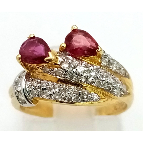 1375 - 18K Yellow Gold DIAMOND & RUBY FANCY CLUSTER RING RUBY 0.60CT & DIAMOND 0.30CT 3.4G SIZE I/J