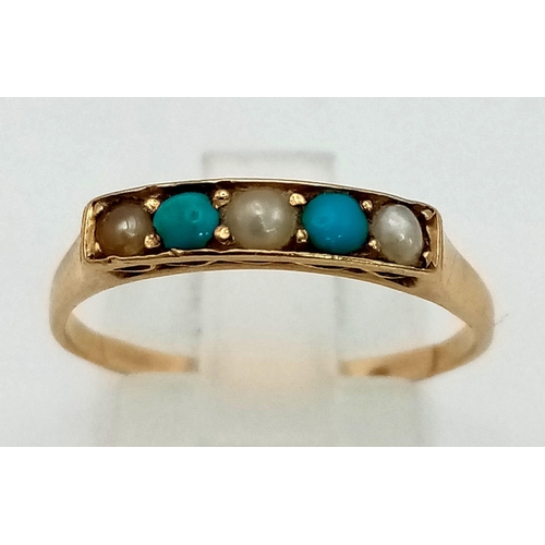 1359 - 18K Yellow Gold PEARL & TURQUISE RING 2GSIZE P