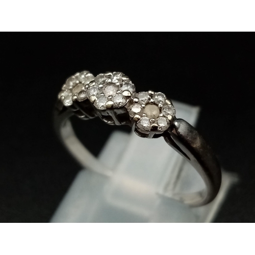 1420 - 18K White Gold TRIPLE CLUSTER DIAMOND RING 0.25CT 2.6G SIZE M