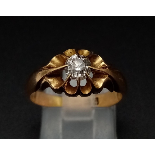 1350 - 18K Yellow Gold DIAMOND SOLITAIRE GYPSY STYLE RING OLD CUT DIMAOND 0.40CT 4.6G SIZE O