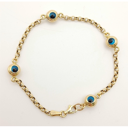 1486 - 14K YELLOW GOLD EVIL EYE BRACLET 4.3G