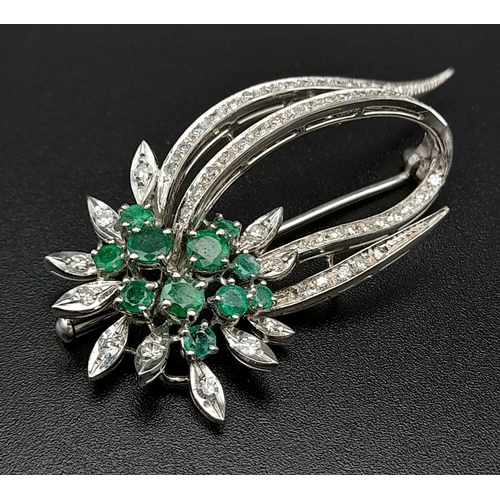 1490 - 18K WHITE GOLD DIAMOND & EMERALD FANCY SPRAY BROOCH 10.29G