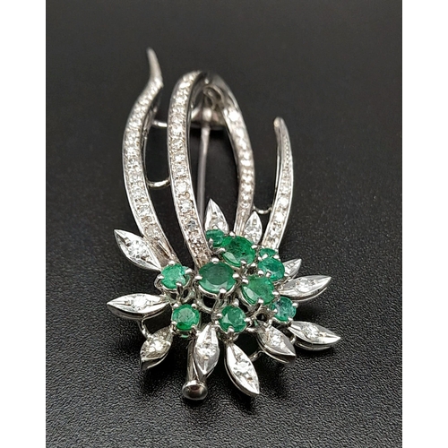 1490 - 18K WHITE GOLD DIAMOND & EMERALD FANCY SPRAY BROOCH 10.29G