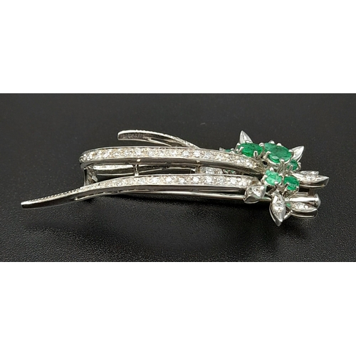 1490 - 18K WHITE GOLD DIAMOND & EMERALD FANCY SPRAY BROOCH 10.29G