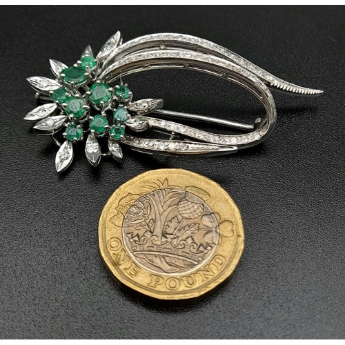 1490 - 18K WHITE GOLD DIAMOND & EMERALD FANCY SPRAY BROOCH 10.29G