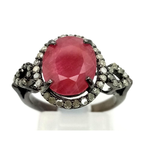 1286 - 925 Silver Ruby Ring with Diamond Accents. Total Weight 3.36grams. Size L.