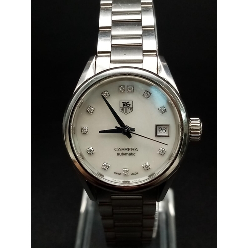 1262 - A Tag Heuer Carrera Diamond Ladies Watch. Stainless steel strap and case - 28mm. Silver tone dial wi... 