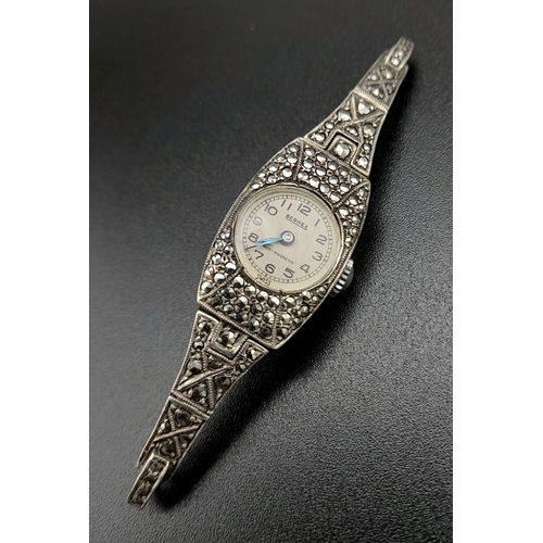 1318 - An Antique Bernex Silver and Marcasite Watch Case and Part Bracelet. Mechanical movement in working ... 