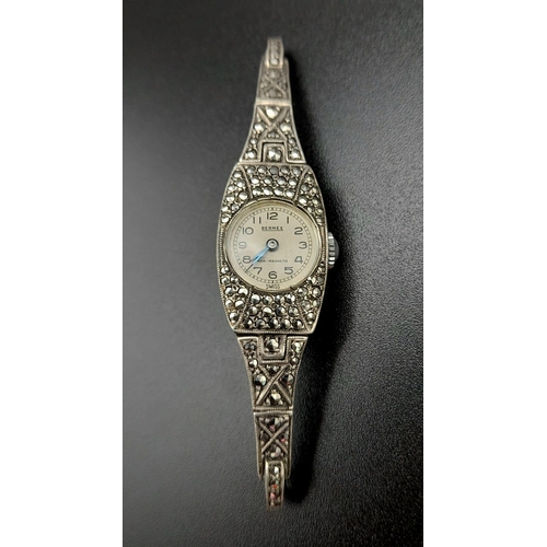 1318 - An Antique Bernex Silver and Marcasite Watch Case and Part Bracelet. Mechanical movement in working ... 