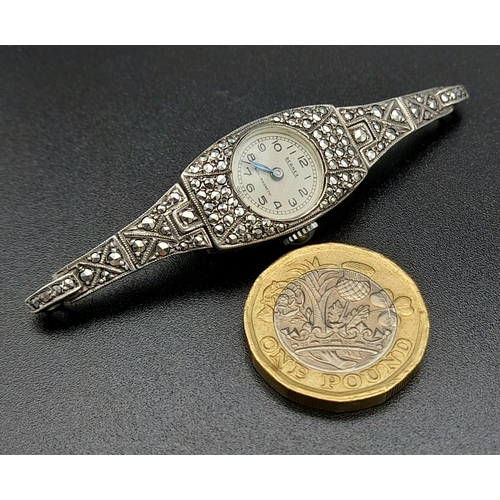 1318 - An Antique Bernex Silver and Marcasite Watch Case and Part Bracelet. Mechanical movement in working ... 