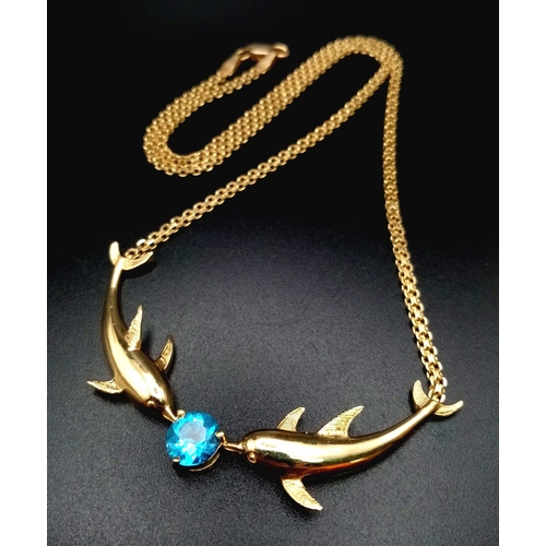 1326 - 14k yellow gold dolphin necklace set with blue topaz (topaz:1.55ct)