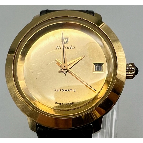 1322 - A Nivada Automatic Gold Plated Ladies Watch. Black leather strap. Gold plated circular case - 31mm. ... 