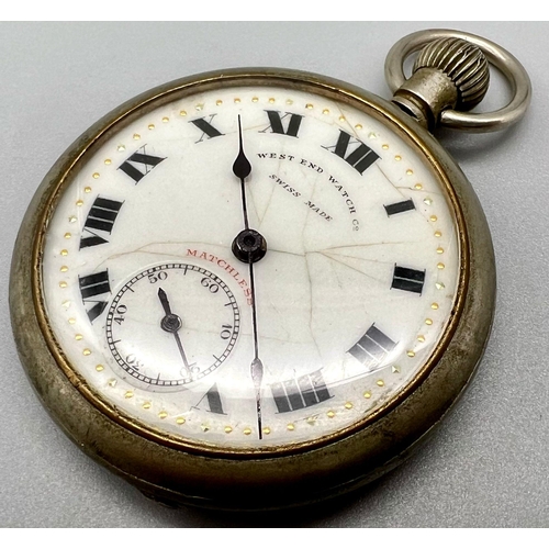 1437 - A Vintage West End Watch Company Matchless Pocket watch. Top winder. White dial with second sub dial... 