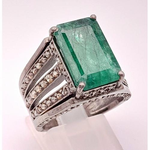 1457 - 925 Sterling Silver Diamond Emerald Ring. Total Weight 10.09grams. Size Q. 7.45ct Emerald. 1.55ct Di... 