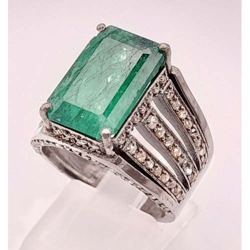 1457 - 925 Sterling Silver Diamond Emerald Ring. Total Weight 10.09grams. Size Q. 7.45ct Emerald. 1.55ct Di... 