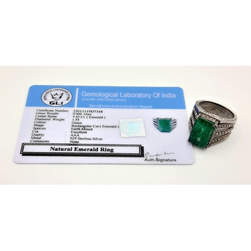 1457 - 925 Sterling Silver Diamond Emerald Ring. Total Weight 10.09grams. Size Q. 7.45ct Emerald. 1.55ct Di... 