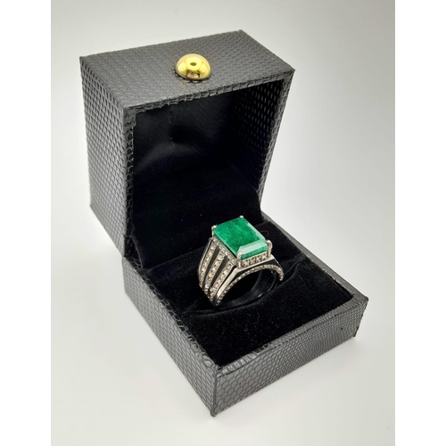 1457 - 925 Sterling Silver Diamond Emerald Ring. Total Weight 10.09grams. Size Q. 7.45ct Emerald. 1.55ct Di... 