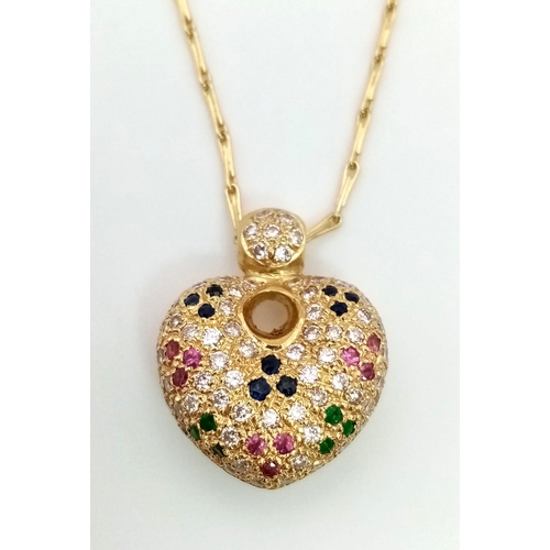 1004 - An 18K yellow gold chain with a heart shaped pendant adorned with diamonds, emeralds, rubies and sap... 