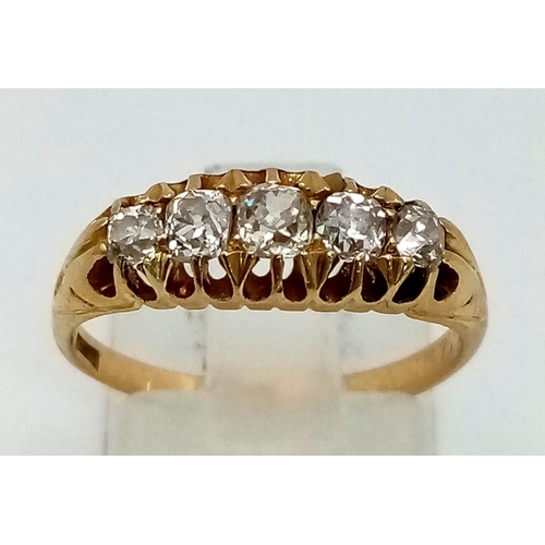 1047 - An 18K yellow gold ring with five clean diamonds. Ring size: N1/2, weight: 3.33 g.