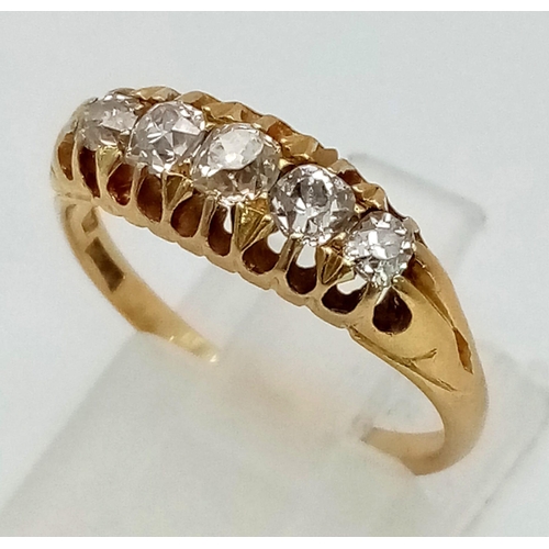 1047 - An 18K yellow gold ring with five clean diamonds. Ring size: N1/2, weight: 3.33 g.