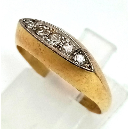 1273 - A vintage, 18K yellow gold ring with a row of five diamonds on top. Ring size: M, weight: 2.16 g.