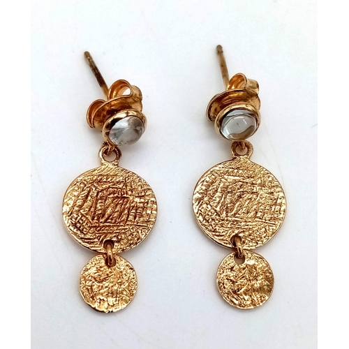 1400 - New Sterling Silver Gilt and Stone Set Earrings. 2.5cm Drop