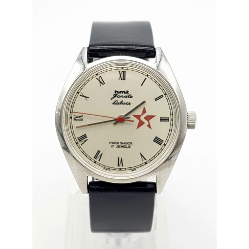 1449 - A Vintage HMT Janata Deluxe Para Shock Gents Mechanical Watch. Black leather strap. Stainless steel ... 