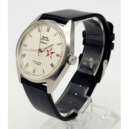 1449 - A Vintage HMT Janata Deluxe Para Shock Gents Mechanical Watch. Black leather strap. Stainless steel ... 