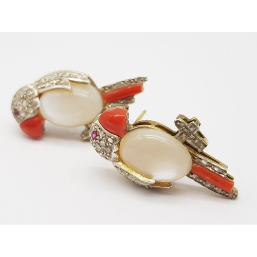 212 - A PAIR OF BEAUTIFUL SEAMAN SCHWEPPES DIAMOND AND OPEL EARRINGS WITH RUBY EYES SET IN 18K GOLD .  8gm... 