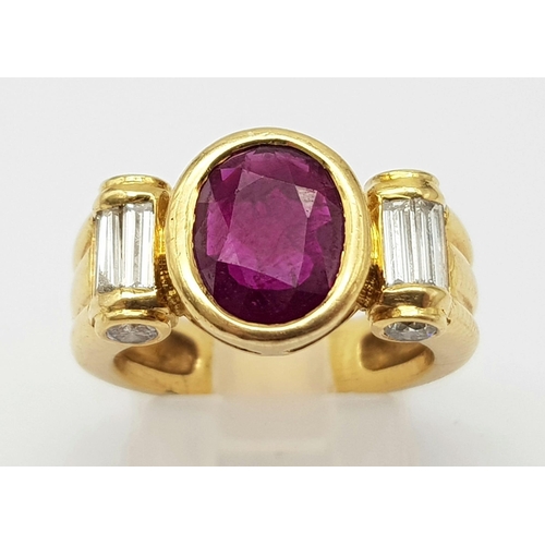 219 - A FABULOUS RUBY AND DIAMOND RING SET IN 18K GOLD.   10.1gms    size M