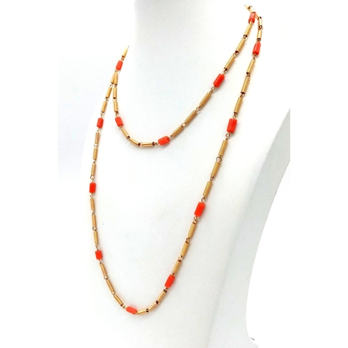 990 - A vintage, 18K yellow gold hand made chain necklace with natural red coral. Length: 89 cm, weight: 2... 