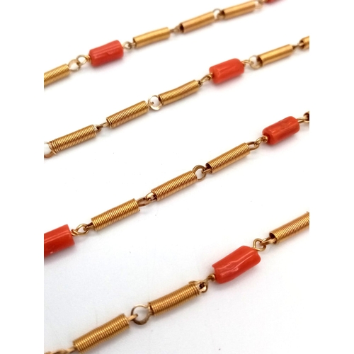 990 - A vintage, 18K yellow gold hand made chain necklace with natural red coral. Length: 89 cm, weight: 2... 