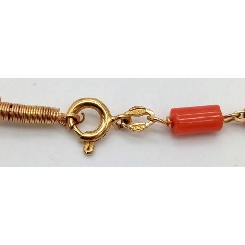 990 - A vintage, 18K yellow gold hand made chain necklace with natural red coral. Length: 89 cm, weight: 2... 