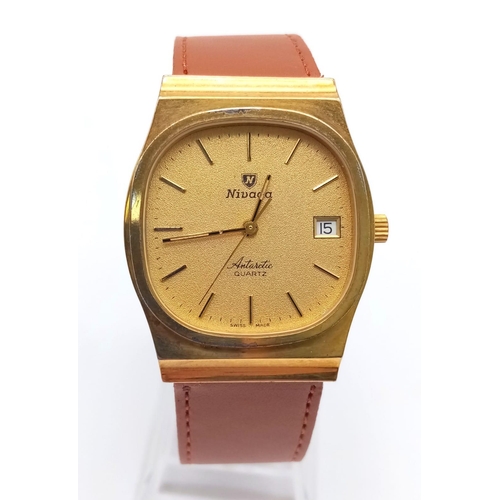 1473 - A Vintage Nivada Gold Plated Antarctic Gents watch. Brown leather strap. Two tone case - 32mm. Gold ... 