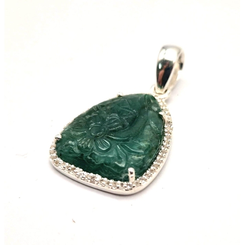 1548 - A 12.20 Ct Rare Hand-Carved Natural Emerald Gemstone 925 Silver Pendant - With White Topaz Stone sur... 