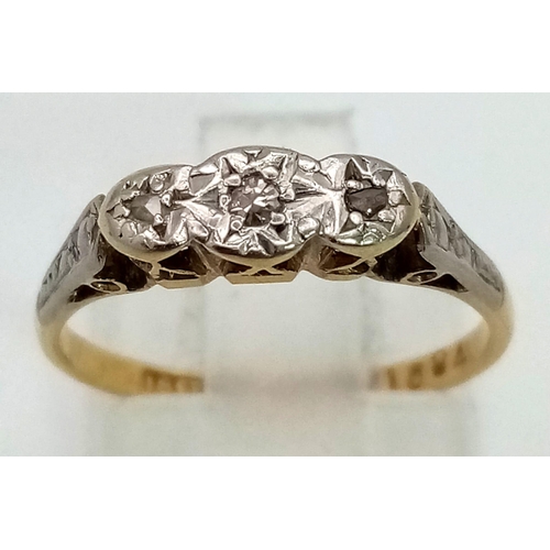 1560 - A VINTAGE 18K GOLD AND DIAMOND TRILOGY RING WITH PLATINUM SETTING.   2.2gms      size K