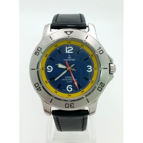 1569 - A Calypso Gents watch. Leather strap. Stainless steel case - 40mm. Blue and yellow dial. In working ... 